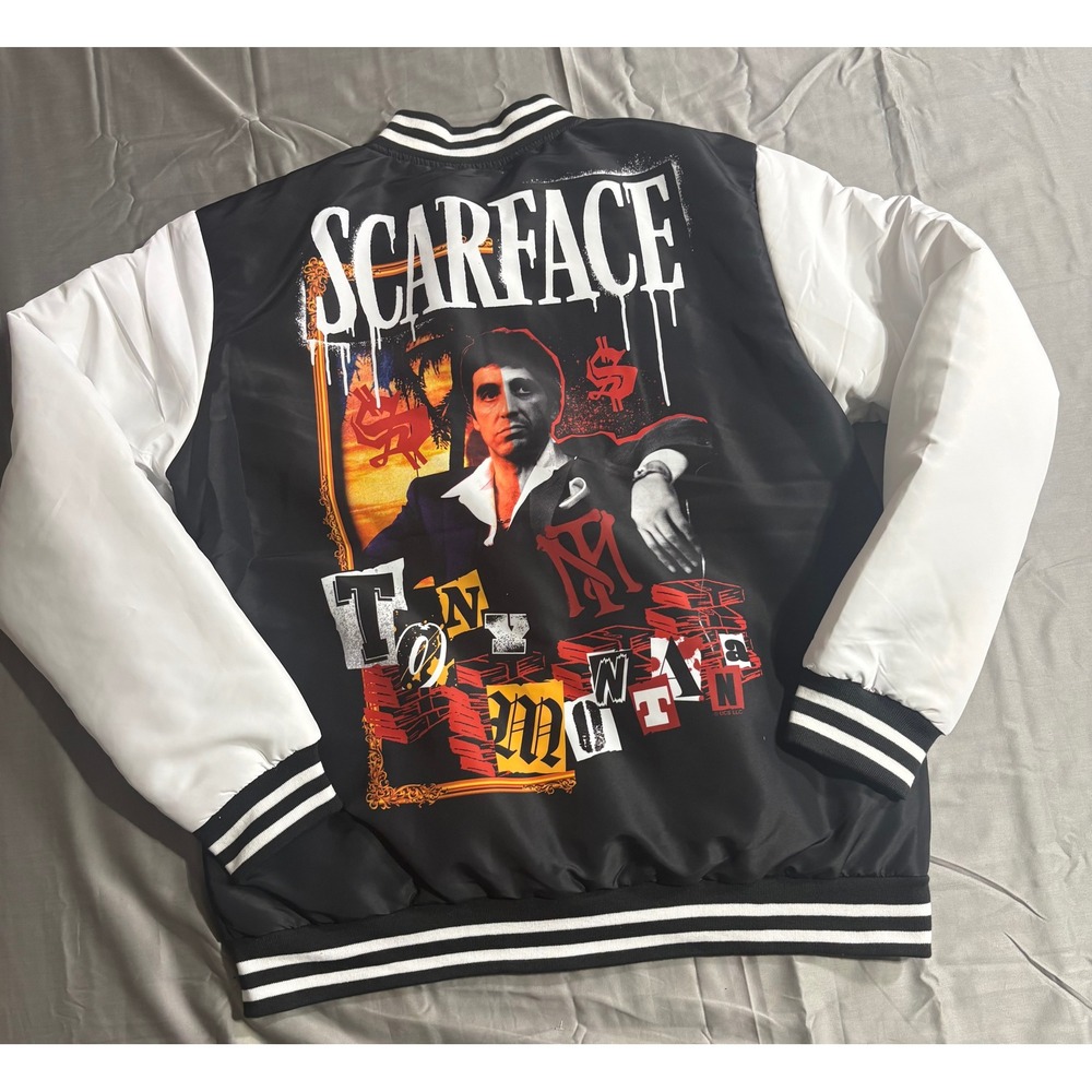Scarface Tony Montana Movie Varsity Jacket Mens Black White Bomber XL RN0101531